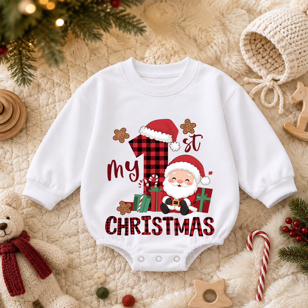 My First Christmas Baby Romper, Buffalo Plaid Santa Outfit, Cute Holiday Romper, Toddler Xmas Gift, Baby 1st Birthday Keepsake — product view 3