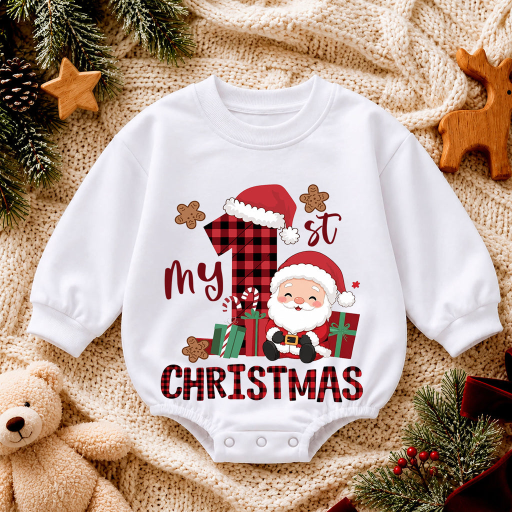 My First Christmas Baby Romper, Buffalo Plaid Santa Outfit, Cute Holiday Romper, Toddler Xmas Gift, Baby 1st Birthday Keepsake — product view 4