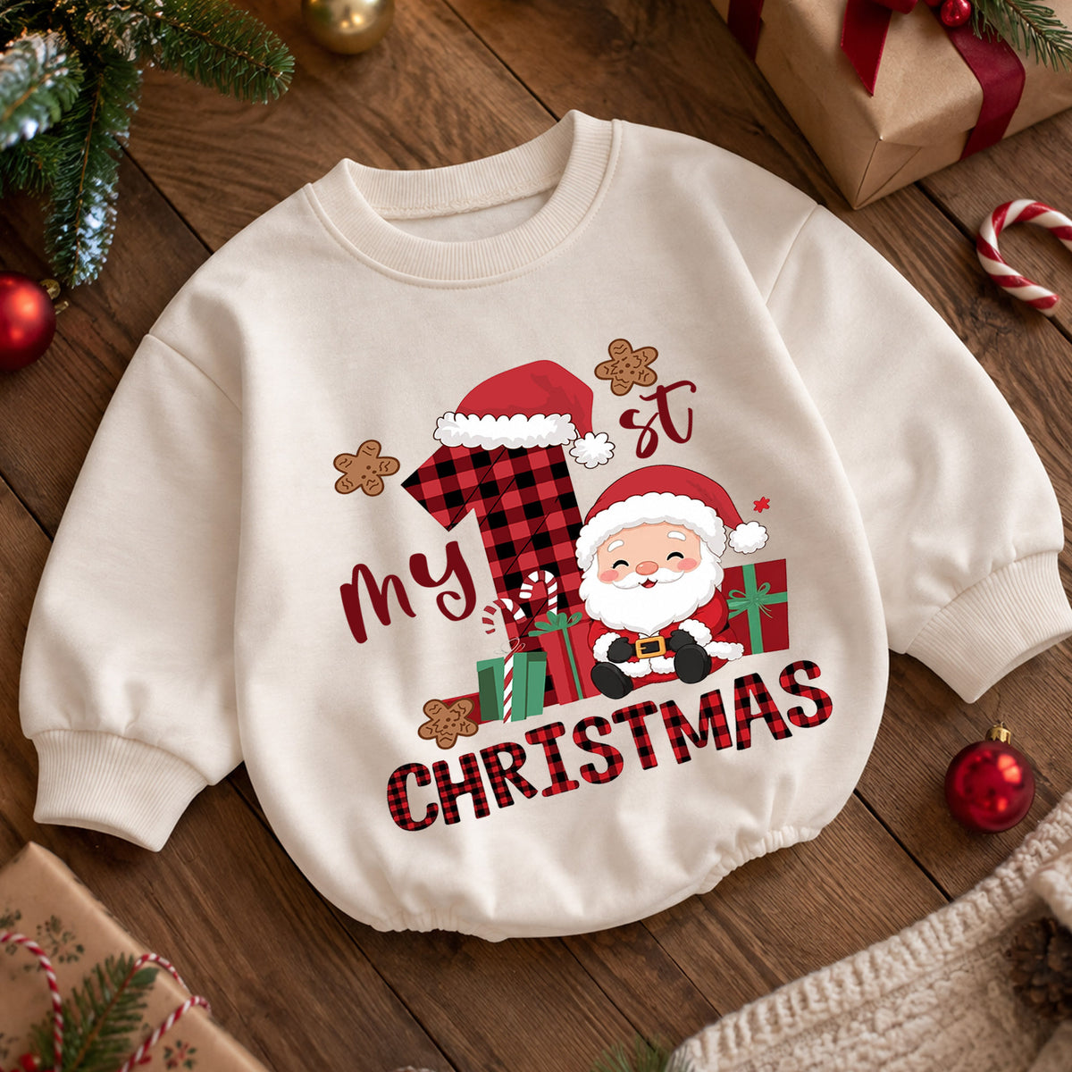 My First Christmas Baby Romper, Buffalo Plaid Santa Outfit, Cute Holiday Romper, Toddler Xmas Gift, Baby 1st Birthday Keepsake — product view 5
