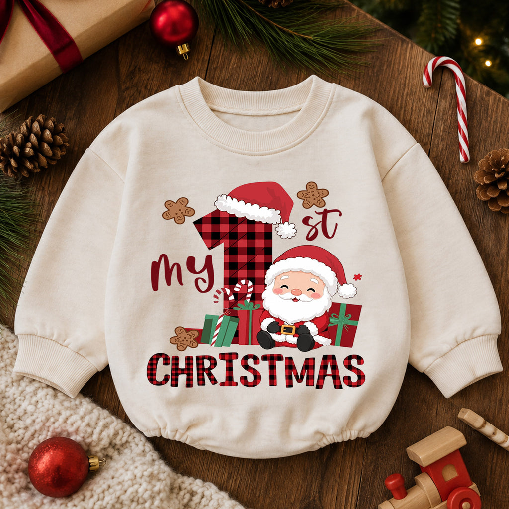 My First Christmas Baby Romper, Buffalo Plaid Santa Outfit, Cute Holiday Romper, Toddler Xmas Gift, Baby 1st Birthday Keepsake — product view 6