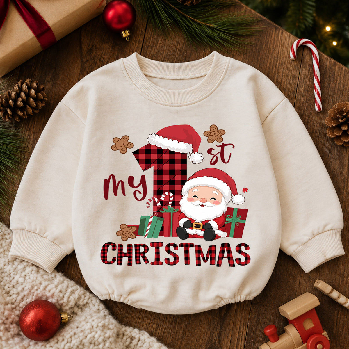 My First Christmas Baby Romper, Buffalo Plaid Santa Outfit, Cute Holiday Romper, Toddler Xmas Gift, Baby 1st Birthday Keepsake — product view 6