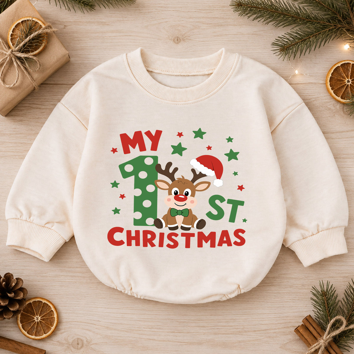 My 1st Christmas Reindeer Baby Romper, Polka Dot Number One Romper, Baby First Christmas & 1st Birthday Outfit, Holiday Keepsake Gift — product view 1