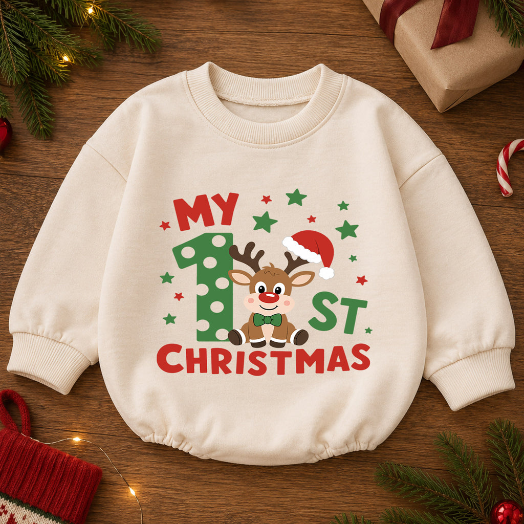 My 1st Christmas Reindeer Baby Romper, Polka Dot Number One Romper, Baby First Christmas & 1st Birthday Outfit, Holiday Keepsake Gift — product view 2