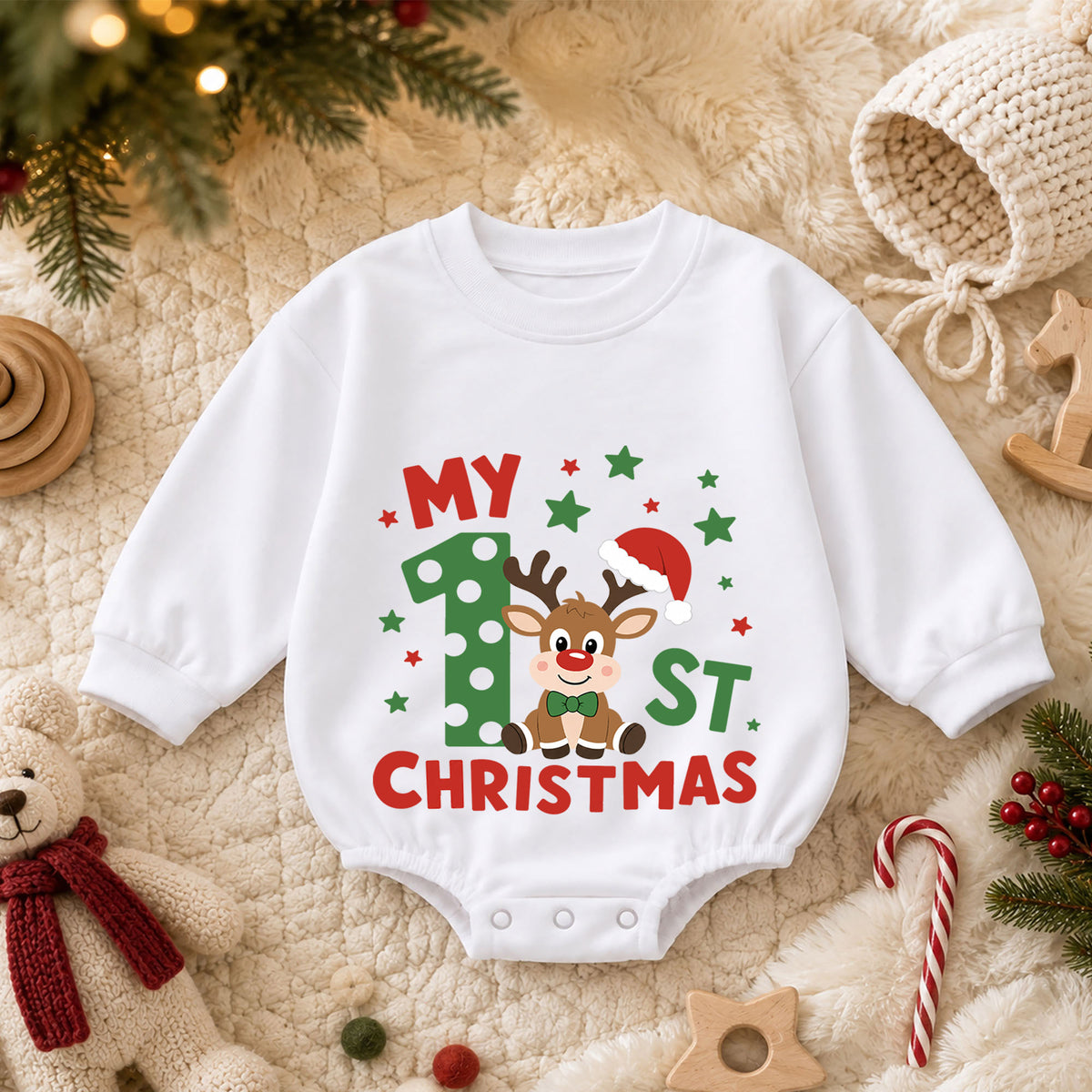 My 1st Christmas Reindeer Baby Romper, Polka Dot Number One Romper, Baby First Christmas & 1st Birthday Outfit, Holiday Keepsake Gift — product view 3