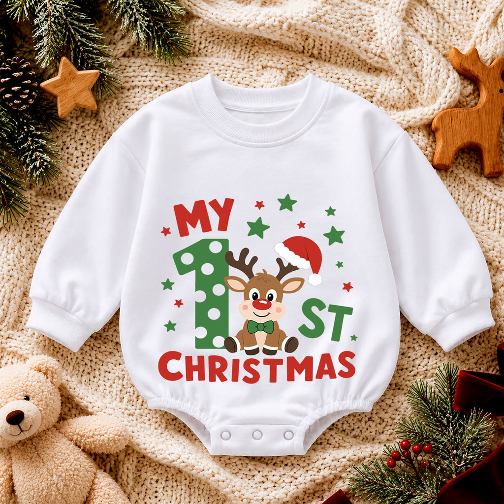 My 1st Christmas Reindeer Baby Romper, Polka Dot Number One Romper, Baby First Christmas & 1st Birthday Outfit, Holiday Keepsake Gift — product view 4