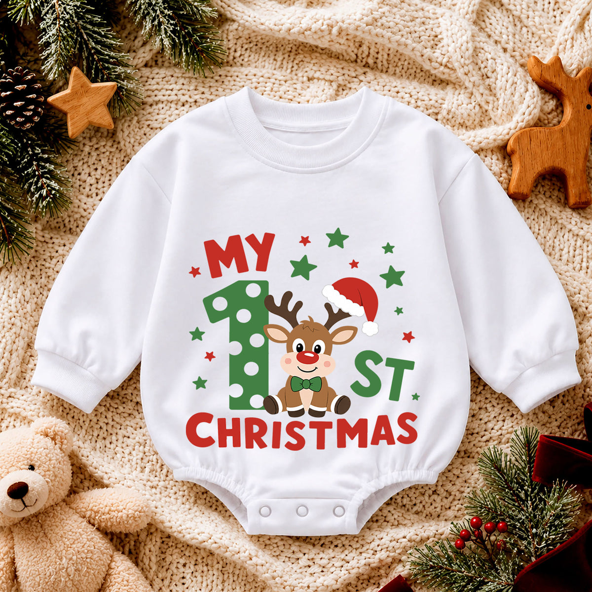 My 1st Christmas Reindeer Baby Romper, Polka Dot Number One Romper, Baby First Christmas & 1st Birthday Outfit, Holiday Keepsake Gift — product view 4