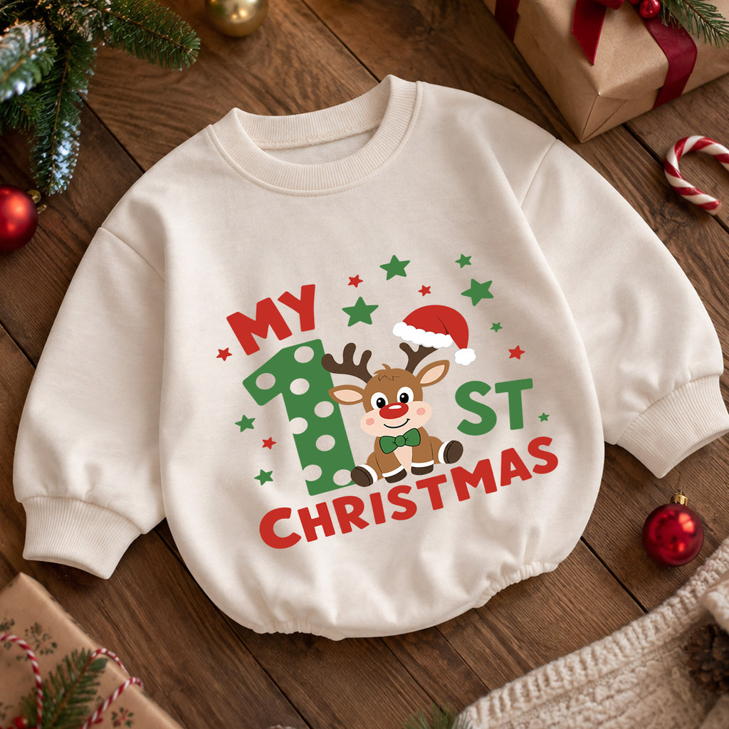 My 1st Christmas Reindeer Baby Romper, Polka Dot Number One Romper, Baby First Christmas & 1st Birthday Outfit, Holiday Keepsake Gift — product view 5
