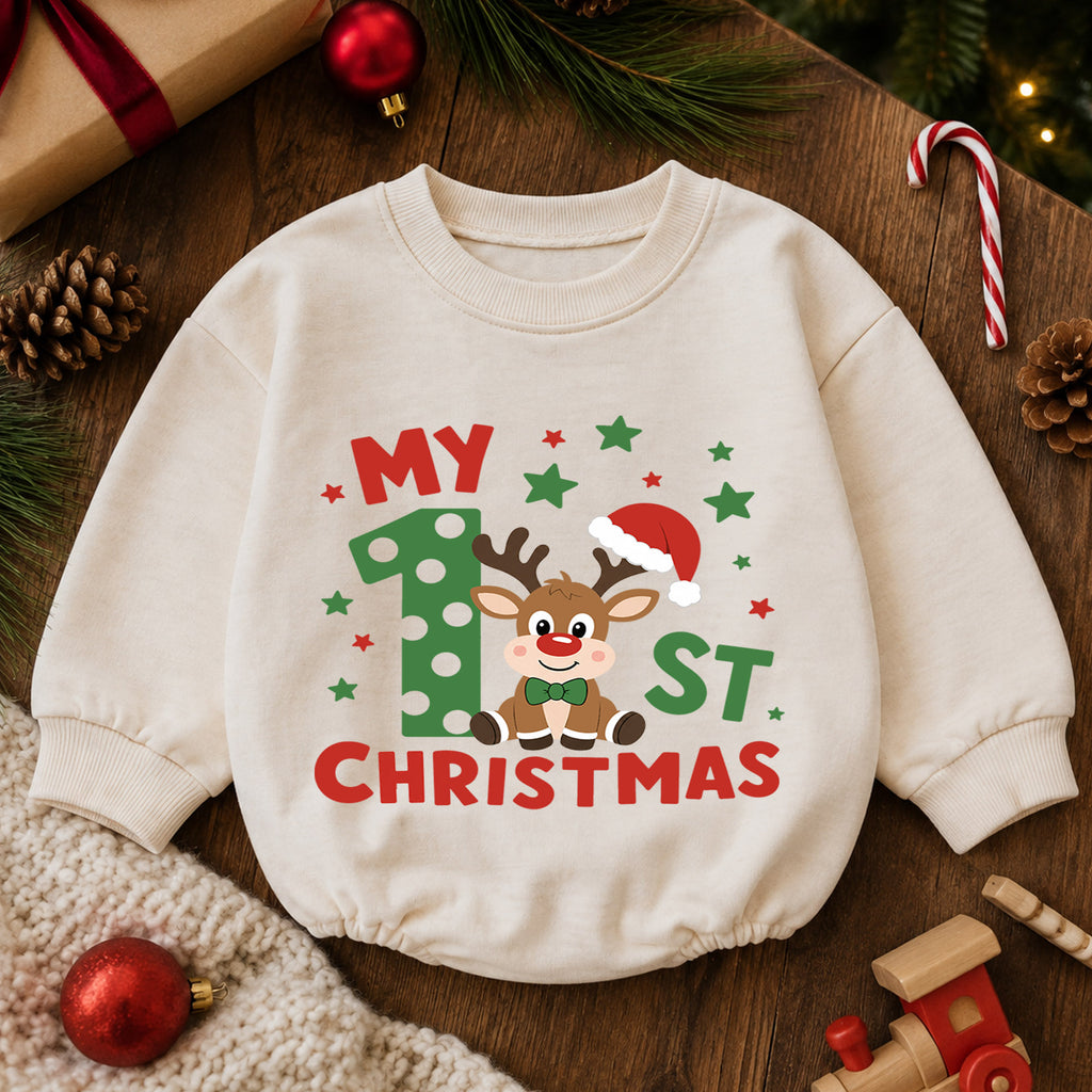 My 1st Christmas Reindeer Baby Romper, Polka Dot Number One Romper, Baby First Christmas & 1st Birthday Outfit, Holiday Keepsake Gift — product view 6