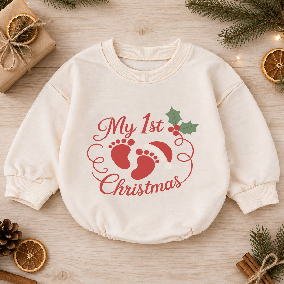 My 1st Christmas Baby Footprint Romper, Newborn First Christmas & 1st Birthday Outfit, Holiday Keepsake Gift, Cute Toddler Xmas Romper — product view 1