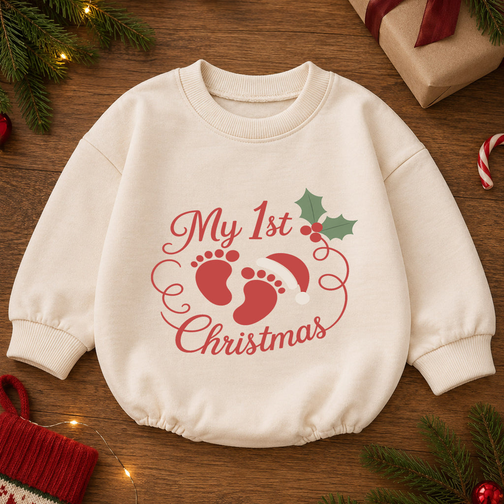 My 1st Christmas Baby Footprint Romper, Newborn First Christmas & 1st Birthday Outfit, Holiday Keepsake Gift, Cute Toddler Xmas Romper — product view 2