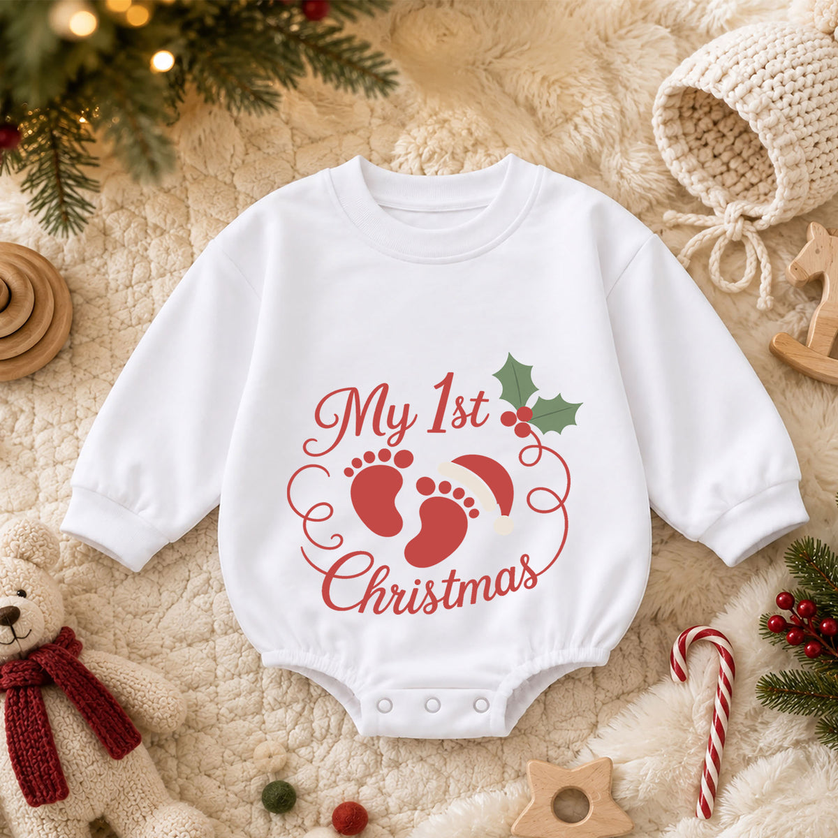 My 1st Christmas Baby Footprint Romper, Newborn First Christmas & 1st Birthday Outfit, Holiday Keepsake Gift, Cute Toddler Xmas Romper — product view 3