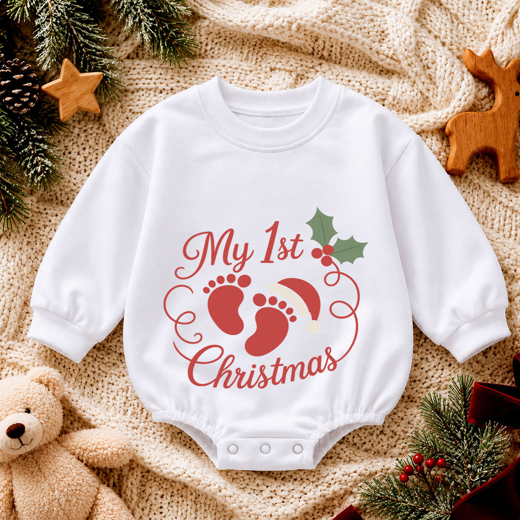 My 1st Christmas Baby Footprint Romper, Newborn First Christmas & 1st Birthday Outfit, Holiday Keepsake Gift, Cute Toddler Xmas Romper — product view 4