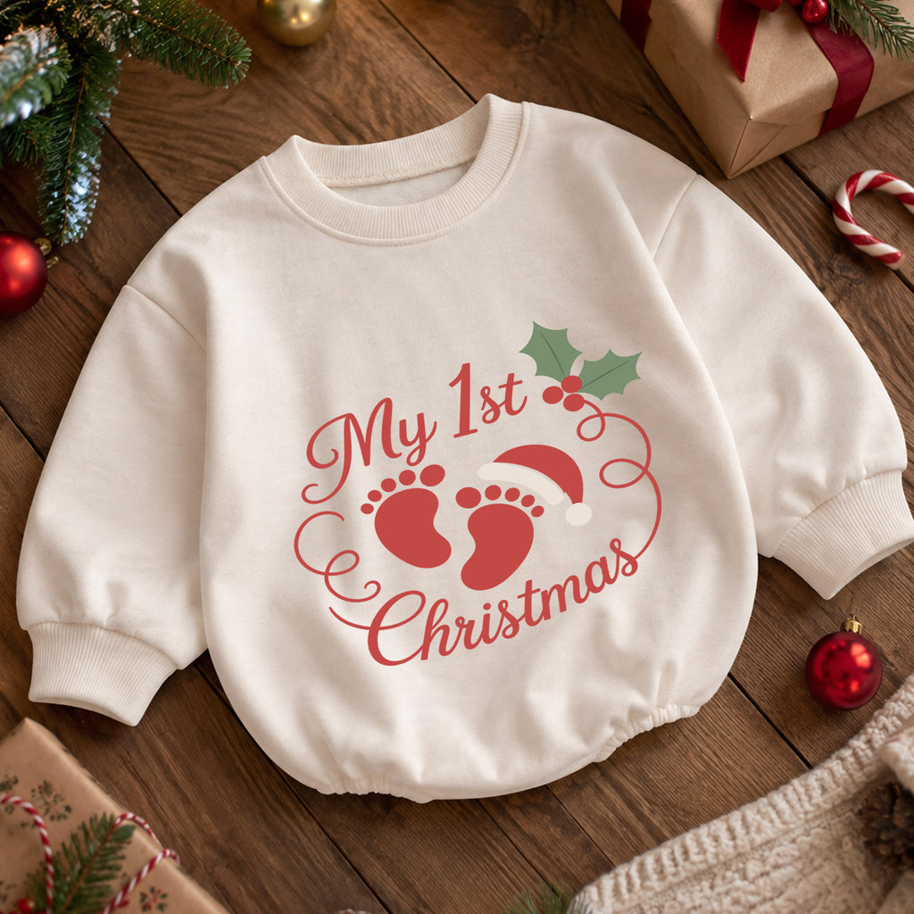 My 1st Christmas Baby Footprint Romper, Newborn First Christmas & 1st Birthday Outfit, Holiday Keepsake Gift, Cute Toddler Xmas Romper — product view 5