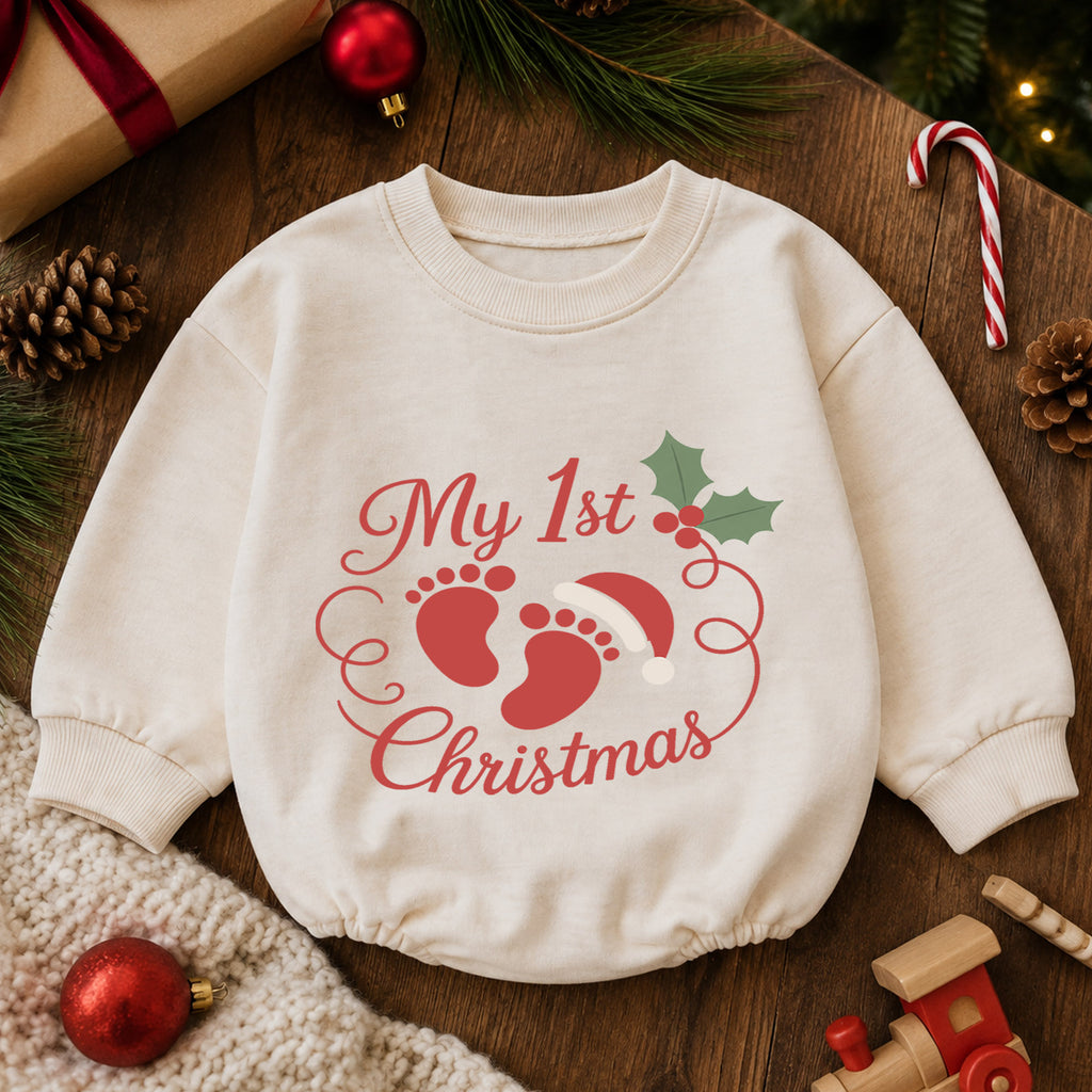 My 1st Christmas Baby Footprint Romper, Newborn First Christmas & 1st Birthday Outfit, Holiday Keepsake Gift, Cute Toddler Xmas Romper — product view 6