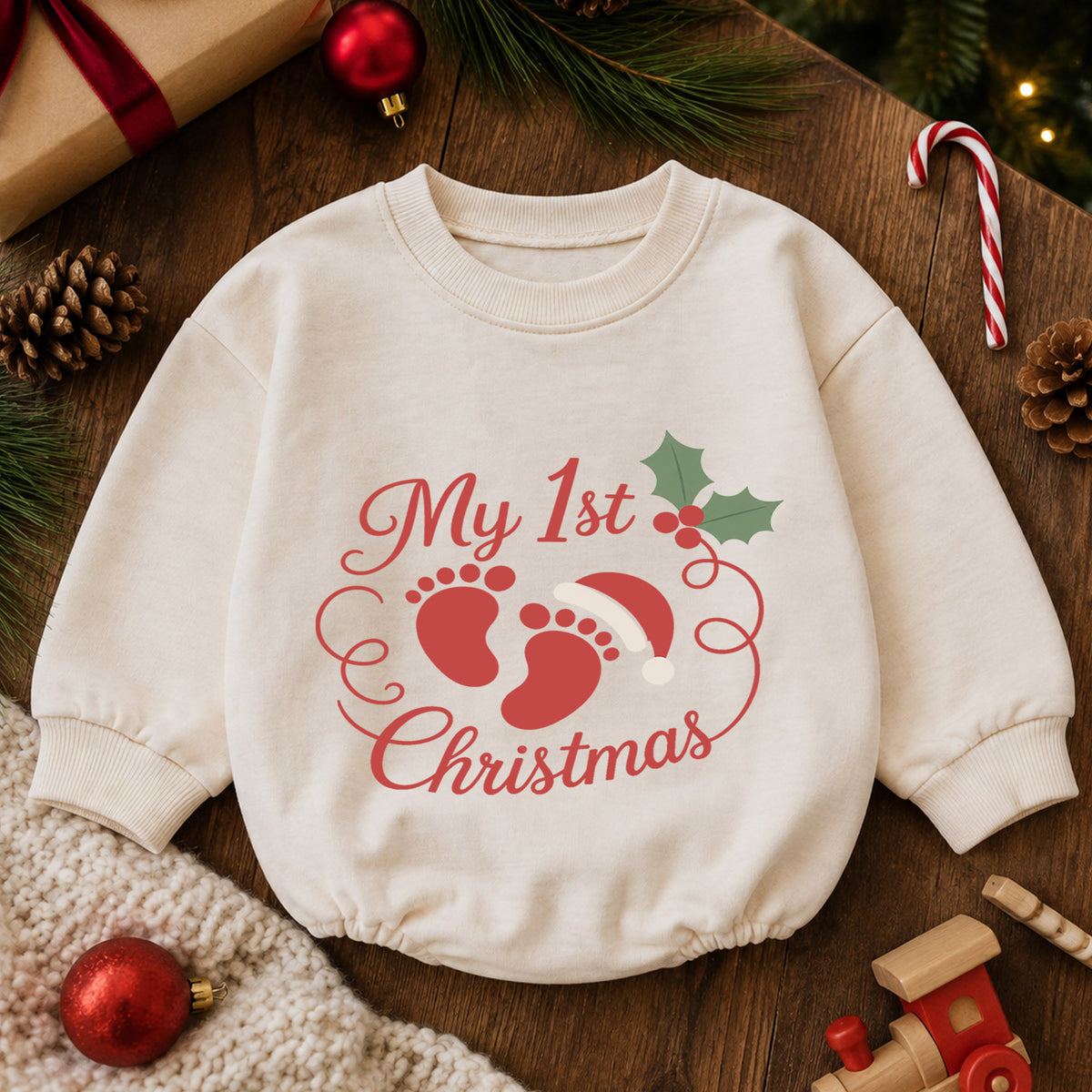 My 1st Christmas Baby Footprint Romper, Newborn First Christmas & 1st Birthday Outfit, Holiday Keepsake Gift, Cute Toddler Xmas Romper — product view 6