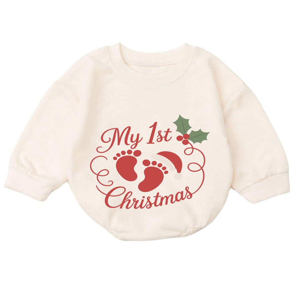 My 1st Christmas Baby Footprint Romper, Newborn First Christmas & 1st Birthday Outfit, Holiday Keepsake Gift, Cute Toddler Xmas Romper — product view 7