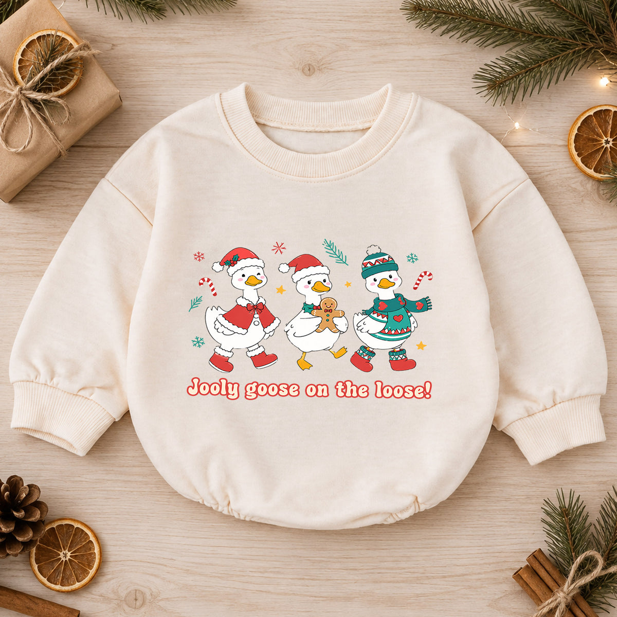 Jolly Goose on the Loose Baby Romper, Christmas Goose Trio Outfit, Cute Holiday Romper, Funny Toddler Goose Lover Xmas Gift — product view 1