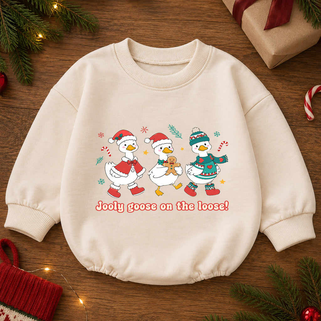 Jolly Goose on the Loose Baby Romper, Christmas Goose Trio Outfit, Cute Holiday Romper, Funny Toddler Goose Lover Xmas Gift — product view 2