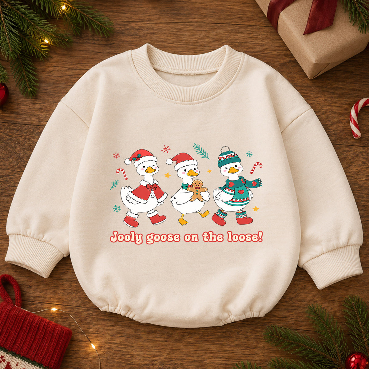 Jolly Goose on the Loose Baby Romper, Christmas Goose Trio Outfit, Cute Holiday Romper, Funny Toddler Goose Lover Xmas Gift — product view 2