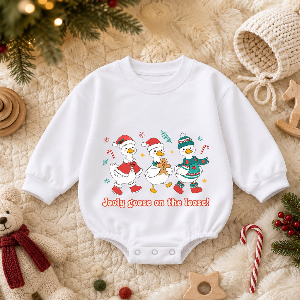 Jolly Goose on the Loose Baby Romper, Christmas Goose Trio Outfit, Cute Holiday Romper, Funny Toddler Goose Lover Xmas Gift — product view 3