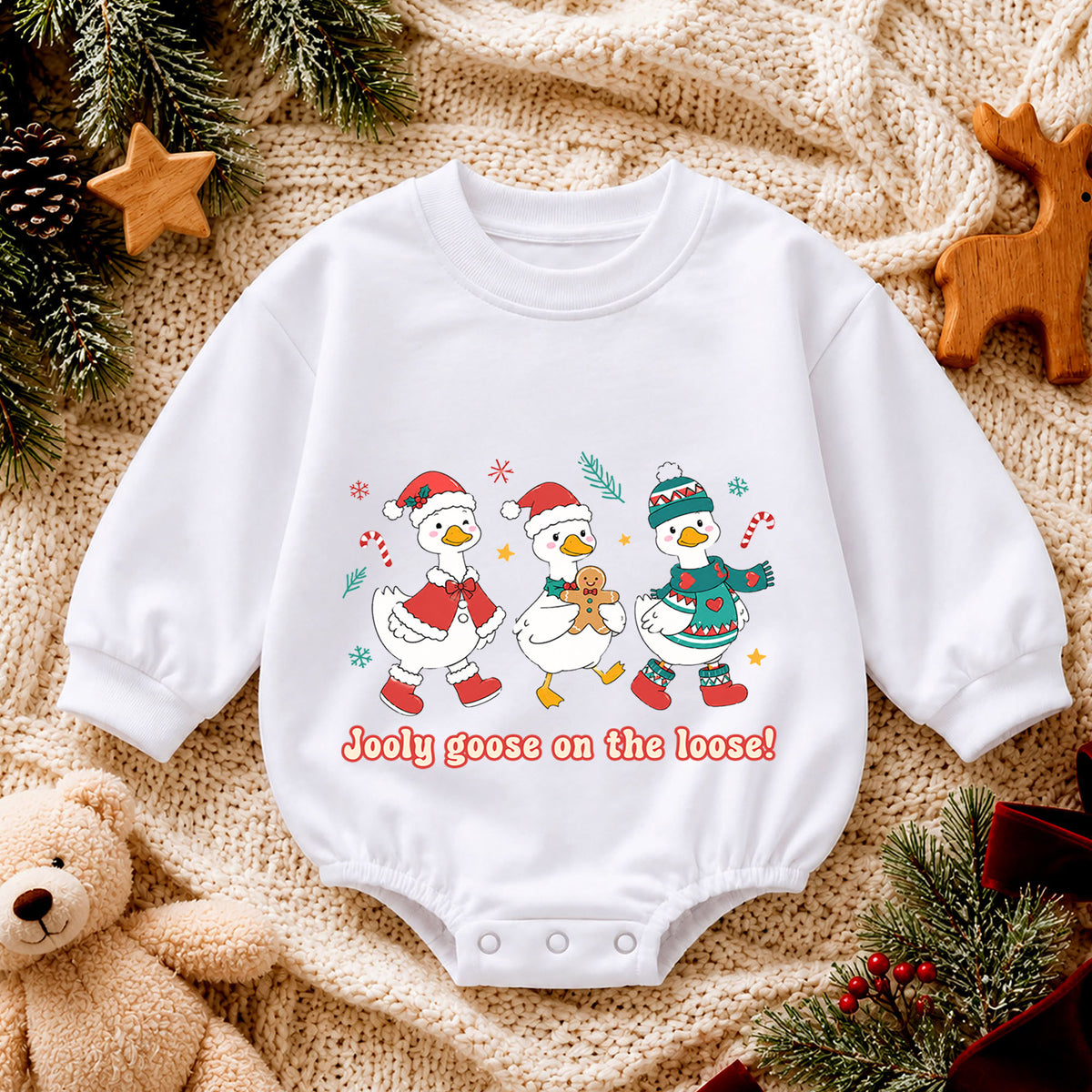 Jolly Goose on the Loose Baby Romper, Christmas Goose Trio Outfit, Cute Holiday Romper, Funny Toddler Goose Lover Xmas Gift — product view 4