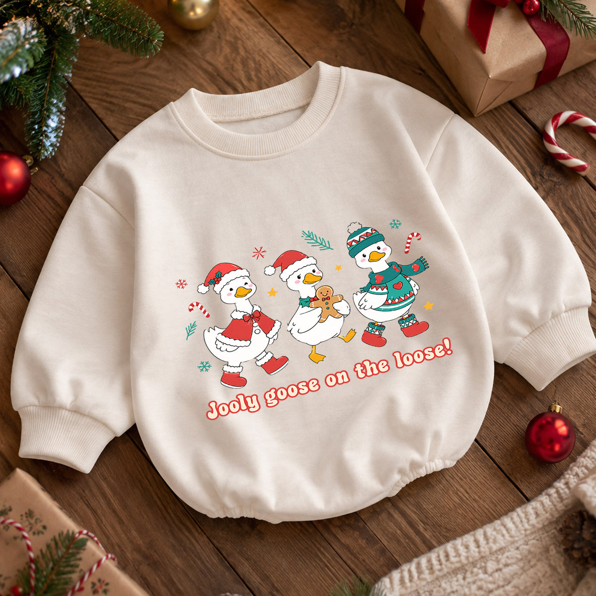 Jolly Goose on the Loose Baby Romper, Christmas Goose Trio Outfit, Cute Holiday Romper, Funny Toddler Goose Lover Xmas Gift — product view 5