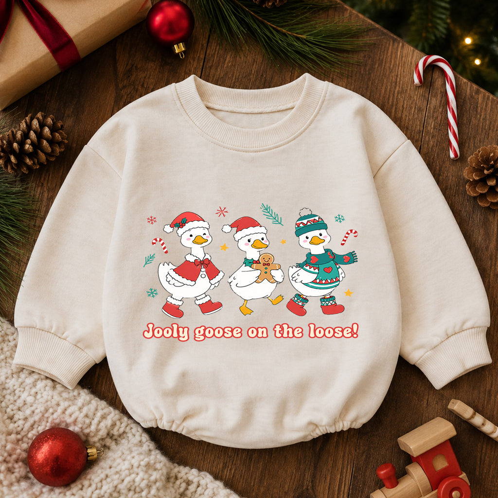 Jolly Goose on the Loose Baby Romper, Christmas Goose Trio Outfit, Cute Holiday Romper, Funny Toddler Goose Lover Xmas Gift — product view 6