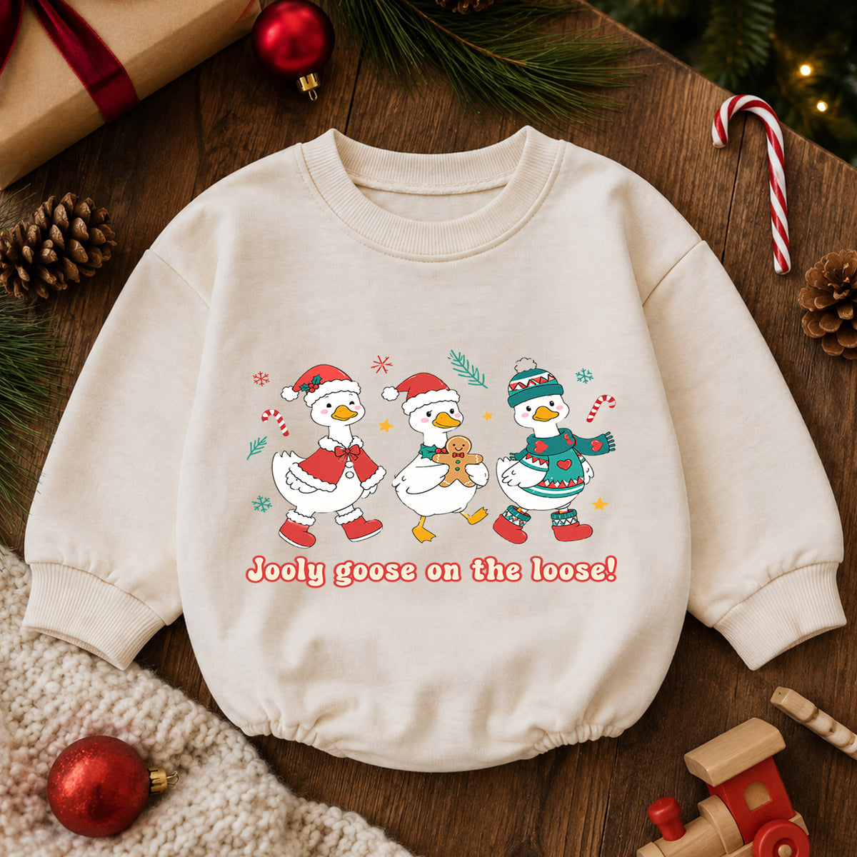 Jolly Goose on the Loose Baby Romper, Christmas Goose Trio Outfit, Cute Holiday Romper, Funny Toddler Goose Lover Xmas Gift — product view 6