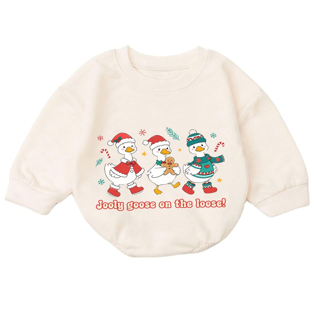 Jolly Goose on the Loose Baby Romper, Christmas Goose Trio Outfit, Cute Holiday Romper, Funny Toddler Goose Lover Xmas Gift — product view 7