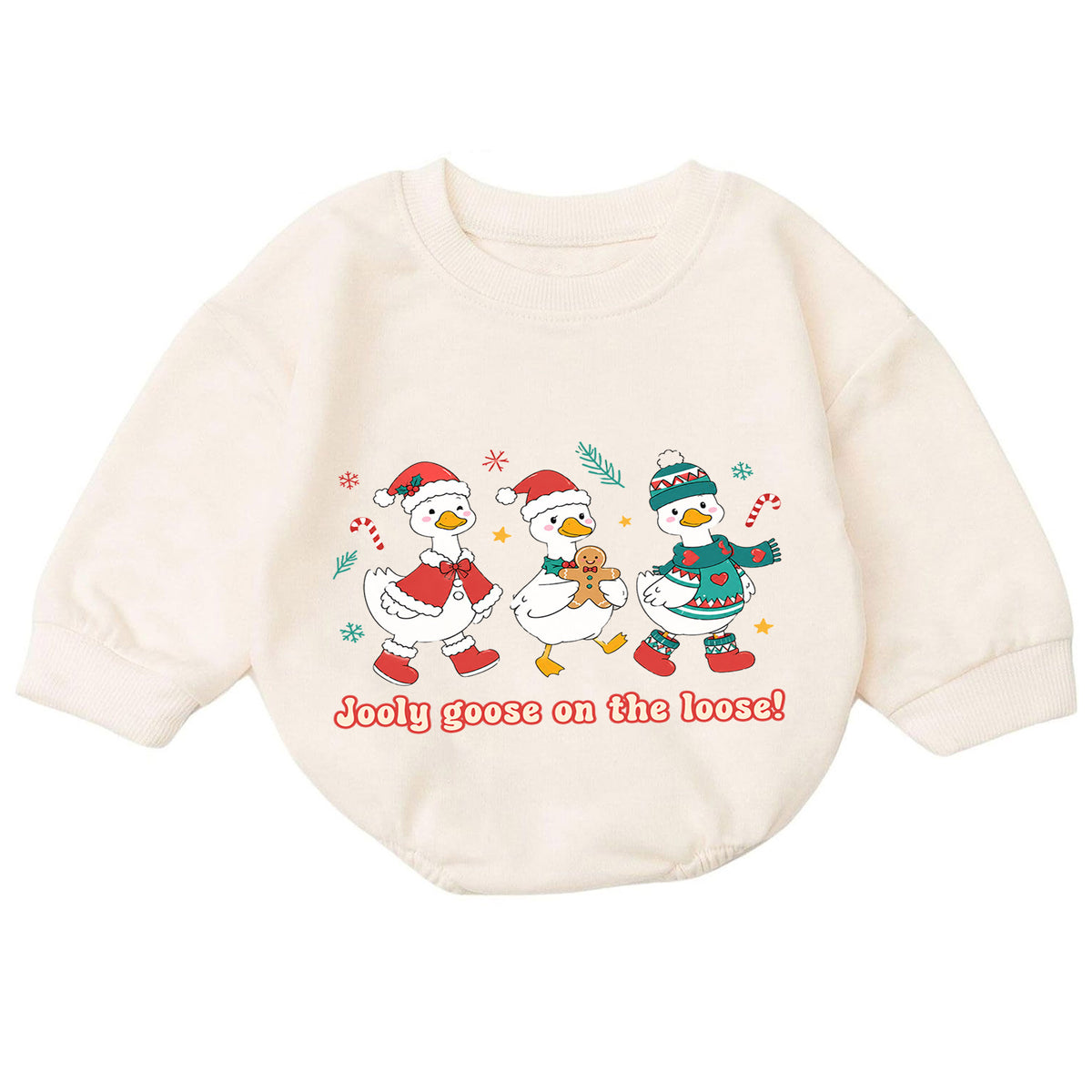Jolly Goose on the Loose Baby Romper, Christmas Goose Trio Outfit, Cute Holiday Romper, Funny Toddler Goose Lover Xmas Gift — product view 7