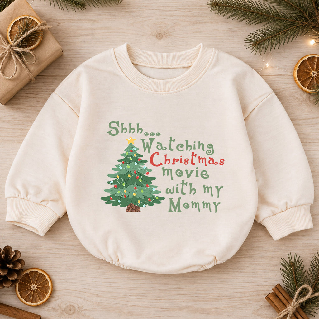 Watching Christmas Movies With Mommy Baby Romper, Mommy and Me Holiday Romper, Toddler 1st Birthday Christmas Outfit, Cute Xmas Gift — product view 1