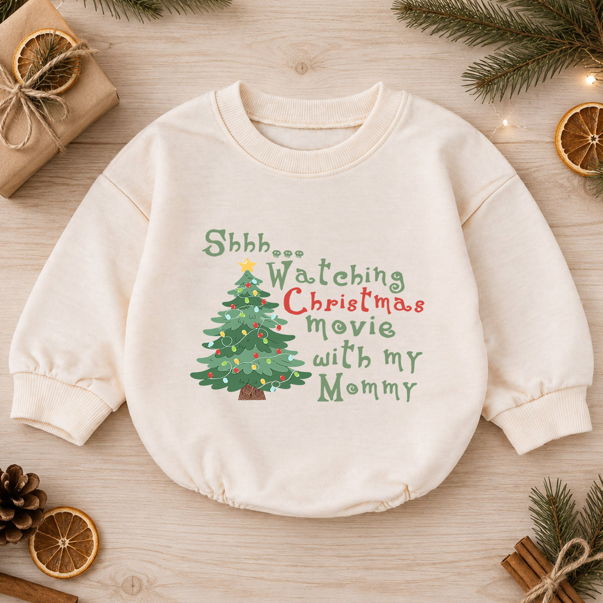 Watching Christmas Movies With Mommy Baby Romper, Mommy and Me Holiday Romper, Toddler 1st Birthday Christmas Outfit, Cute Xmas Gift — product view 1