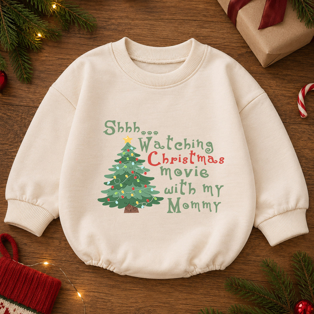 Watching Christmas Movies With Mommy Baby Romper, Mommy and Me Holiday Romper, Toddler 1st Birthday Christmas Outfit, Cute Xmas Gift — product view 2