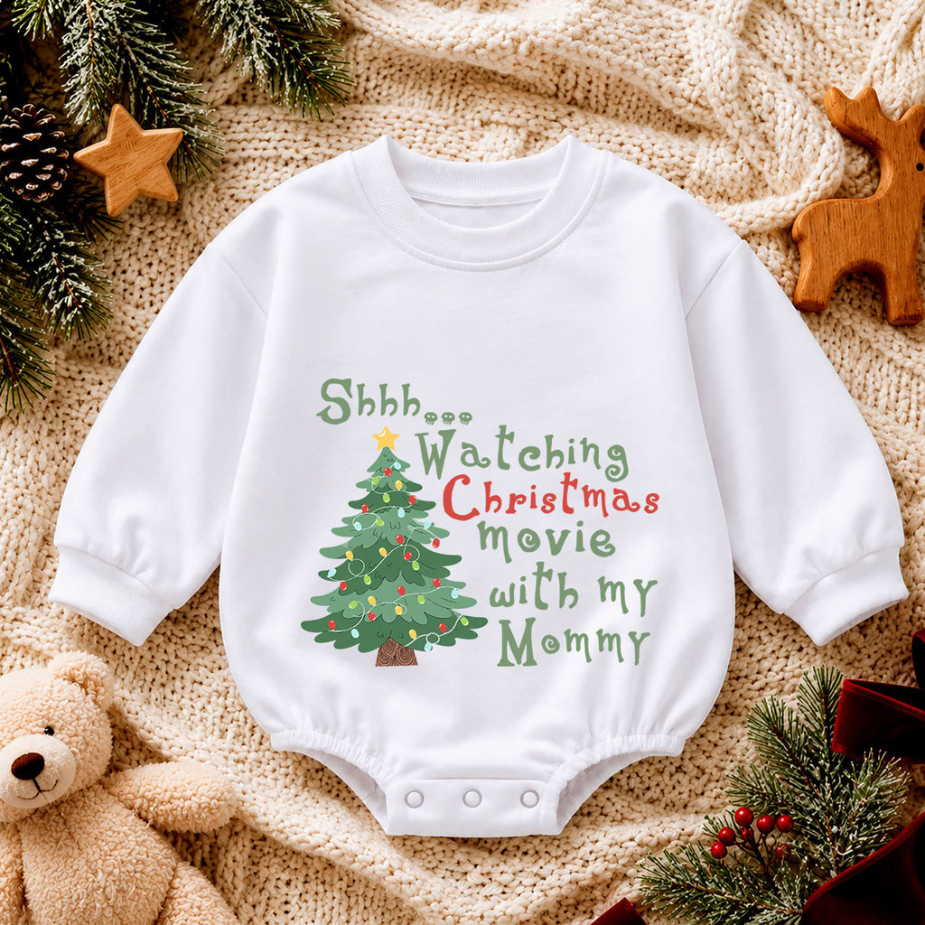 Watching Christmas Movies With Mommy Baby Romper, Mommy and Me Holiday Romper, Toddler 1st Birthday Christmas Outfit, Cute Xmas Gift — product view 4