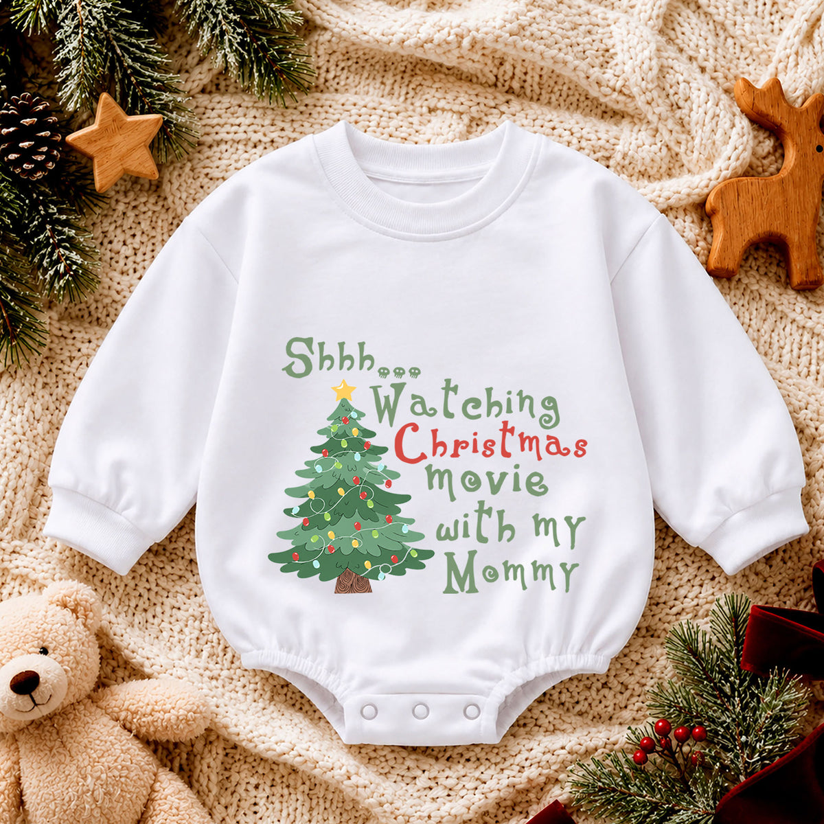 Watching Christmas Movies With Mommy Baby Romper, Mommy and Me Holiday Romper, Toddler 1st Birthday Christmas Outfit, Cute Xmas Gift — product view 4