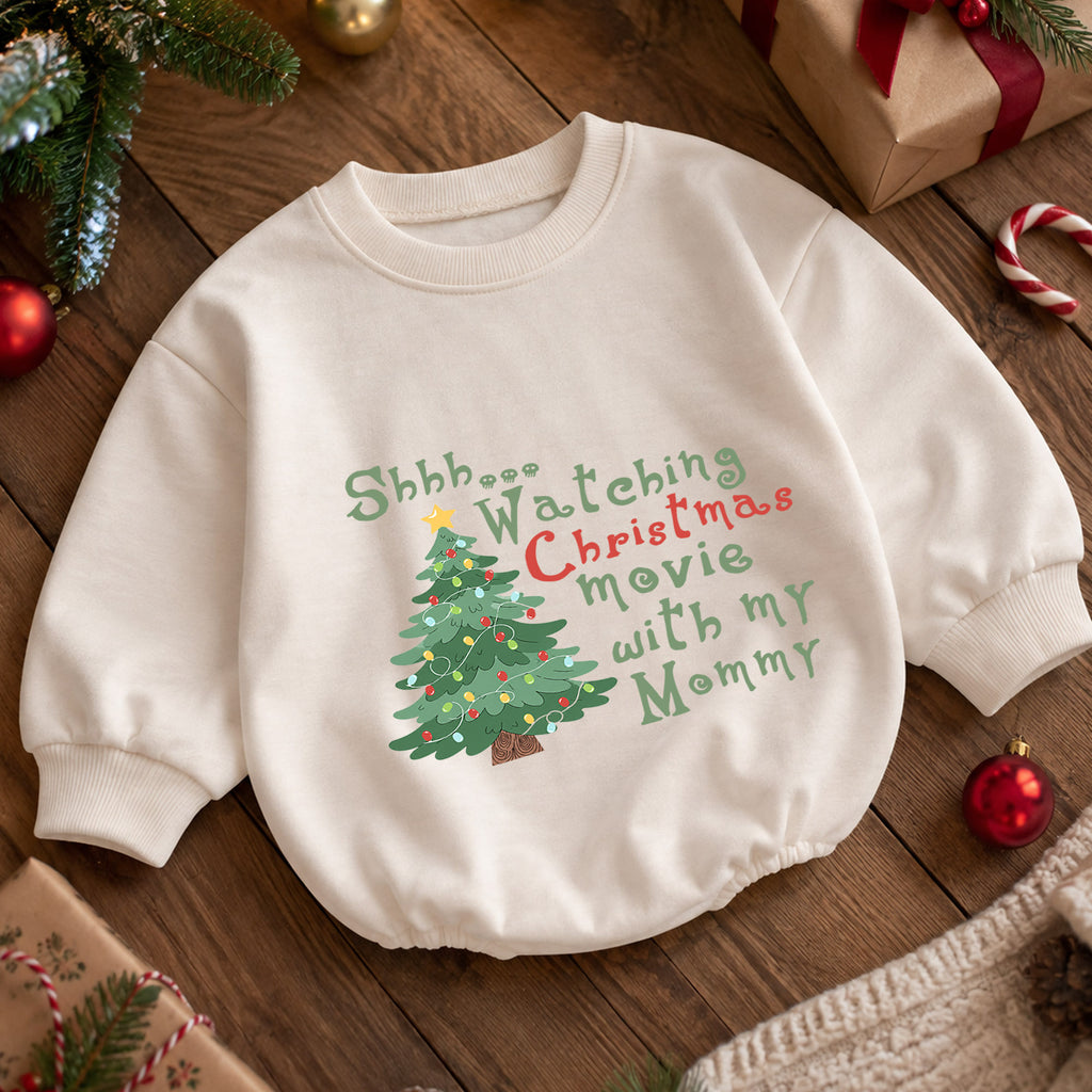 Watching Christmas Movies With Mommy Baby Romper, Mommy and Me Holiday Romper, Toddler 1st Birthday Christmas Outfit, Cute Xmas Gift — product view 5