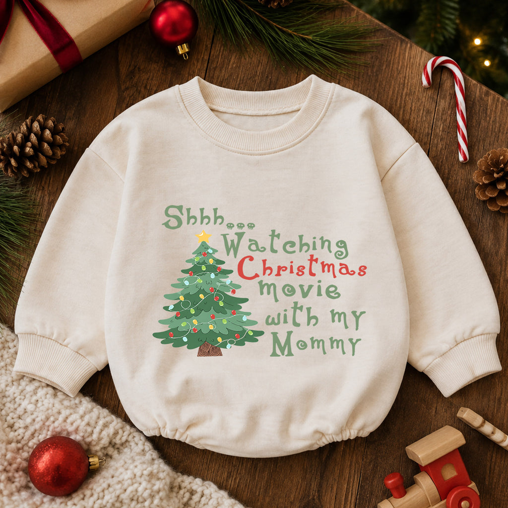 Watching Christmas Movies With Mommy Baby Romper, Mommy and Me Holiday Romper, Toddler 1st Birthday Christmas Outfit, Cute Xmas Gift — product view 6