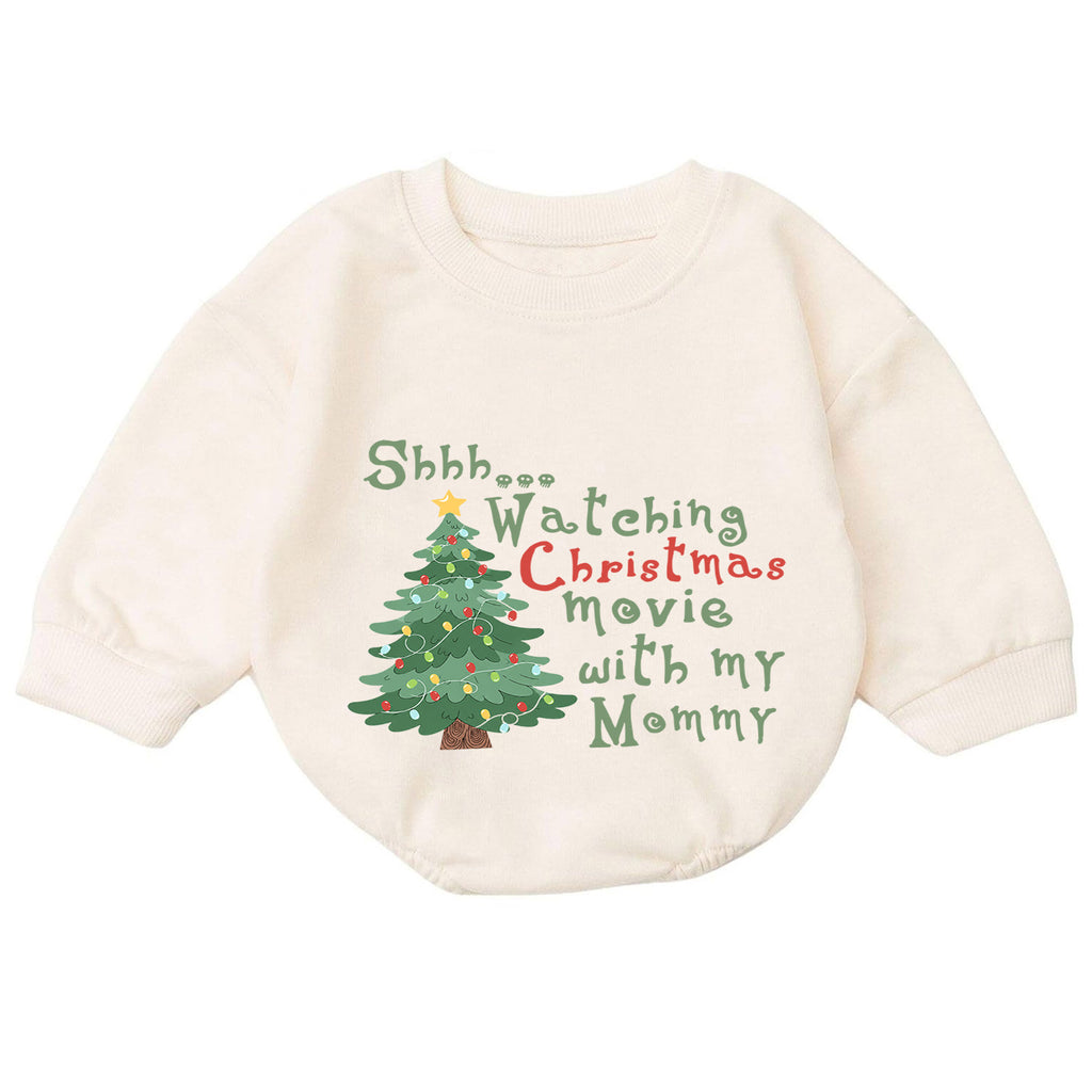 Watching Christmas Movies With Mommy Baby Romper, Mommy and Me Holiday Romper, Toddler 1st Birthday Christmas Outfit, Cute Xmas Gift — product view 7