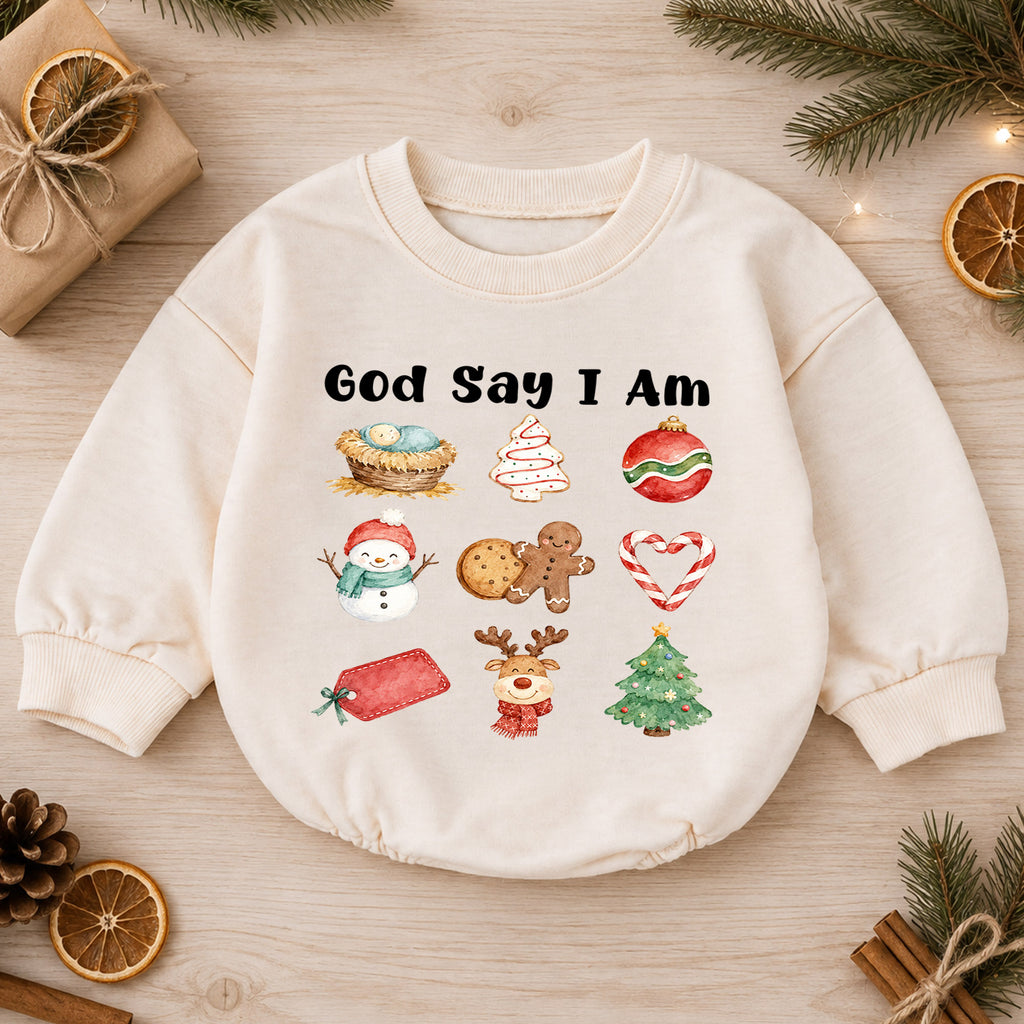Christian Christmas Baby Romper, God Says I Am Holiday Romper, Nativity Christmas Icons, Baby Faith 1st Birthday Xmas Gift for Toddler — product view 1