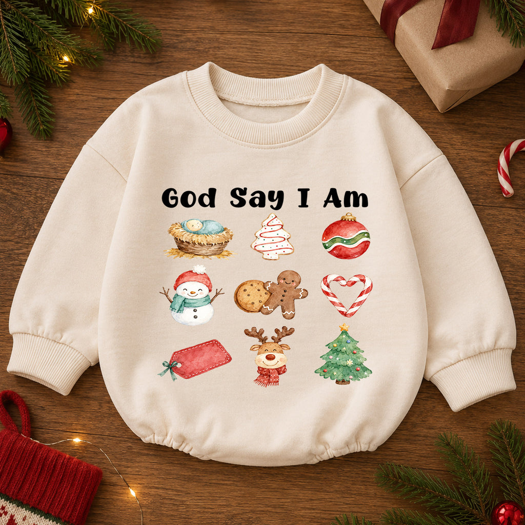 Christian Christmas Baby Romper, God Says I Am Holiday Romper, Nativity Christmas Icons, Baby Faith 1st Birthday Xmas Gift for Toddler — product view 2