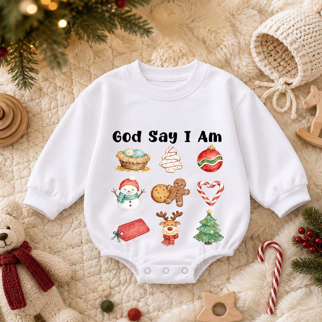 Christian Christmas Baby Romper, God Says I Am Holiday Romper, Nativity Christmas Icons, Baby Faith 1st Birthday Xmas Gift for Toddler — product view 3