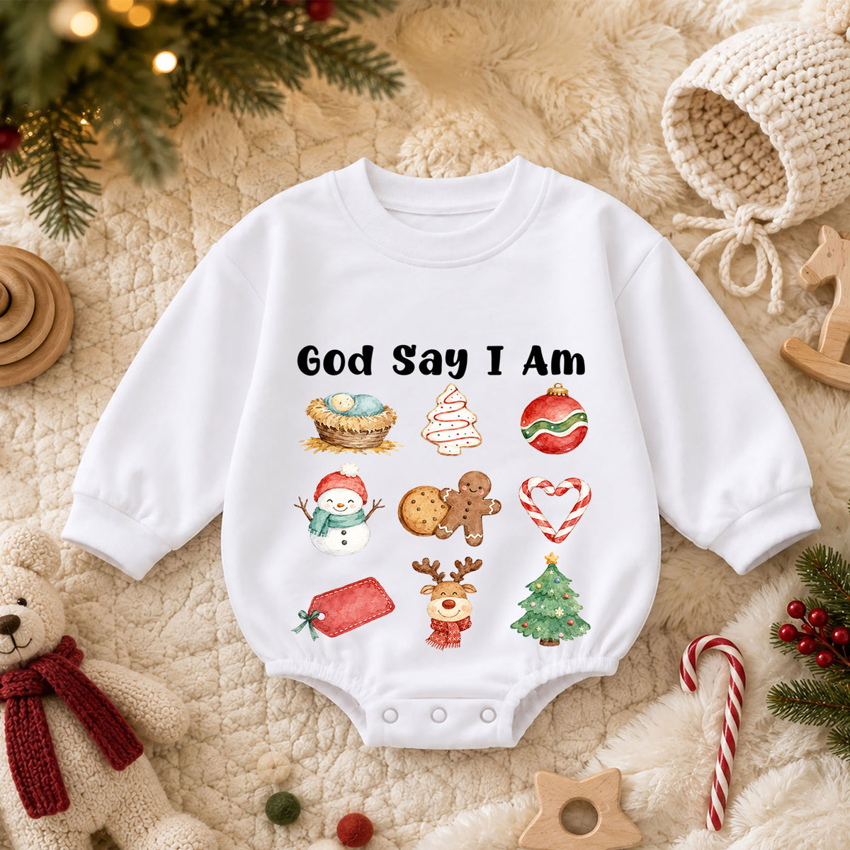 Christian Christmas Baby Romper, God Says I Am Holiday Romper, Nativity Christmas Icons, Baby Faith 1st Birthday Xmas Gift for Toddler — product view 3