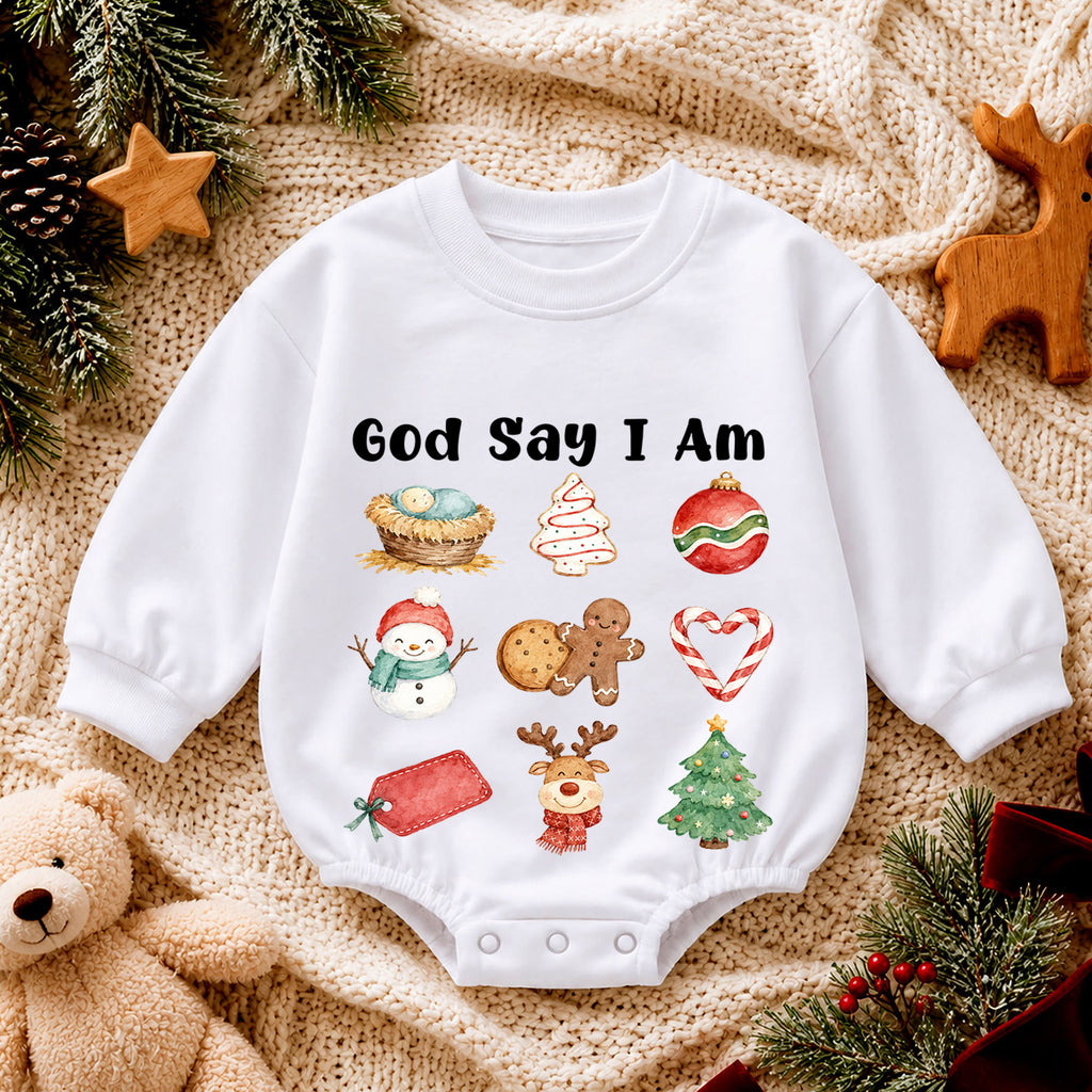 Christian Christmas Baby Romper, God Says I Am Holiday Romper, Nativity Christmas Icons, Baby Faith 1st Birthday Xmas Gift for Toddler — product view 4