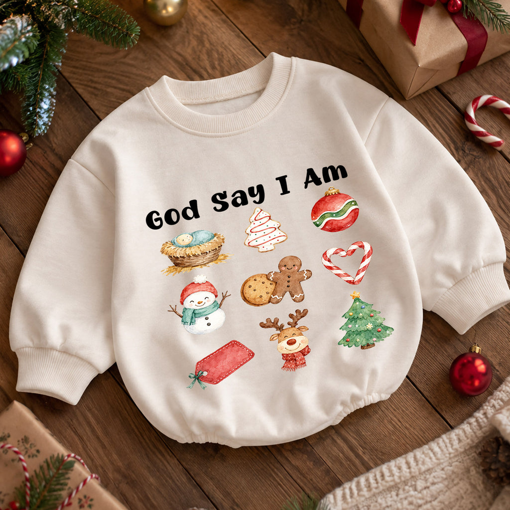 Christian Christmas Baby Romper, God Says I Am Holiday Romper, Nativity Christmas Icons, Baby Faith 1st Birthday Xmas Gift for Toddler — product view 5