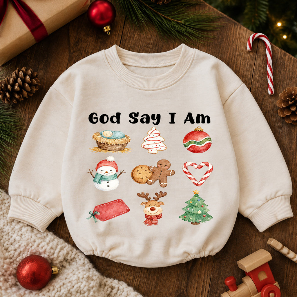 Christian Christmas Baby Romper, God Says I Am Holiday Romper, Nativity Christmas Icons, Baby Faith 1st Birthday Xmas Gift for Toddler — product view 6