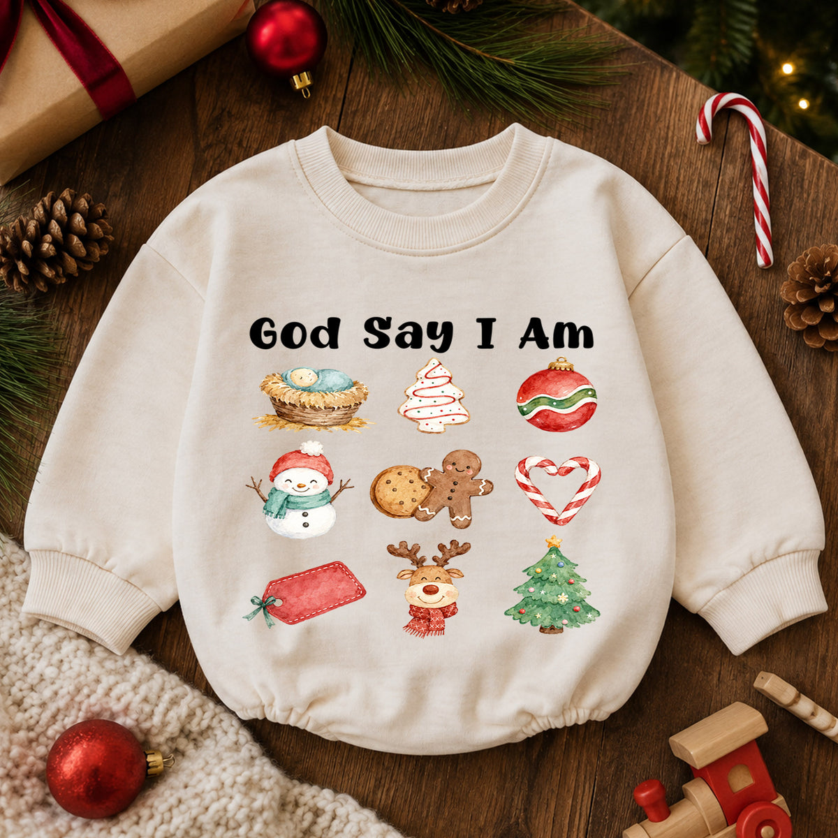 Christian Christmas Baby Romper, God Says I Am Holiday Romper, Nativity Christmas Icons, Baby Faith 1st Birthday Xmas Gift for Toddler — product view 6