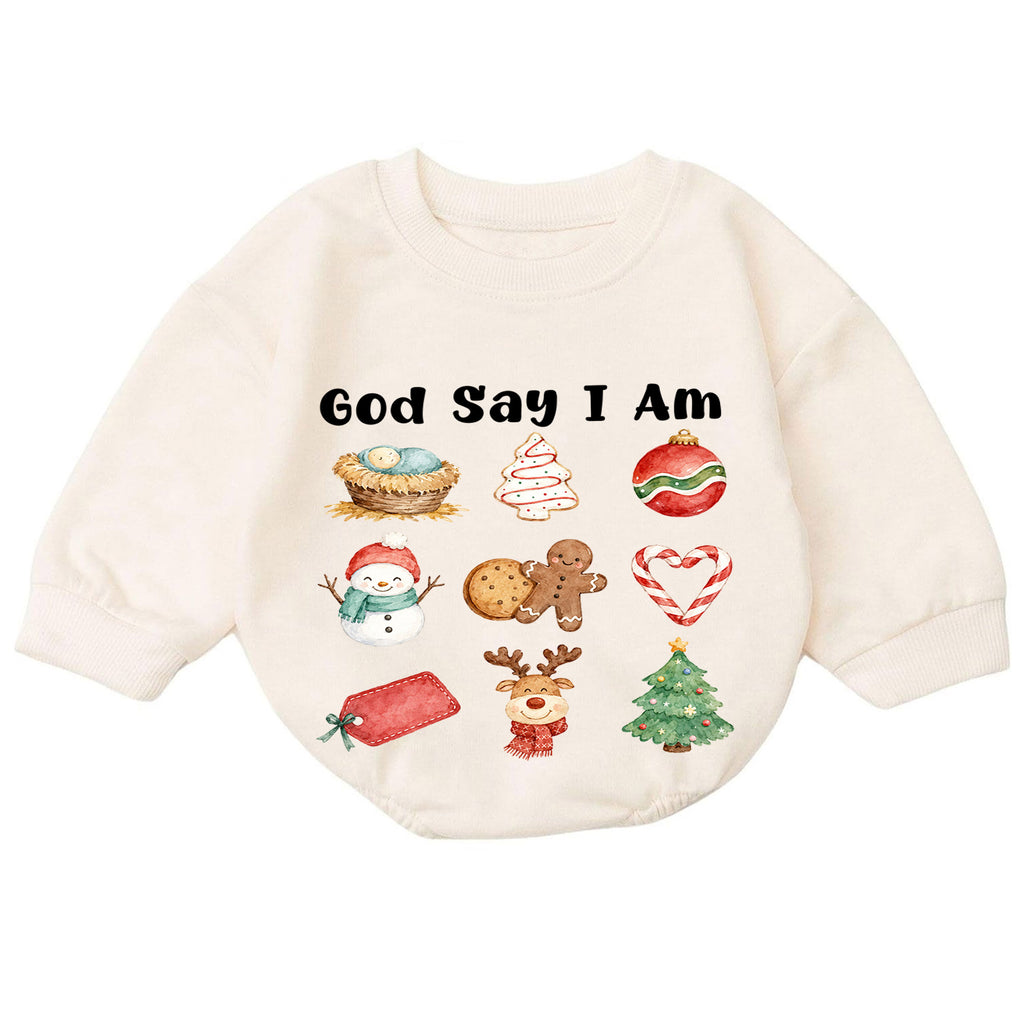 Christian Christmas Baby Romper, God Says I Am Holiday Romper, Nativity Christmas Icons, Baby Faith 1st Birthday Xmas Gift for Toddler — product view 7