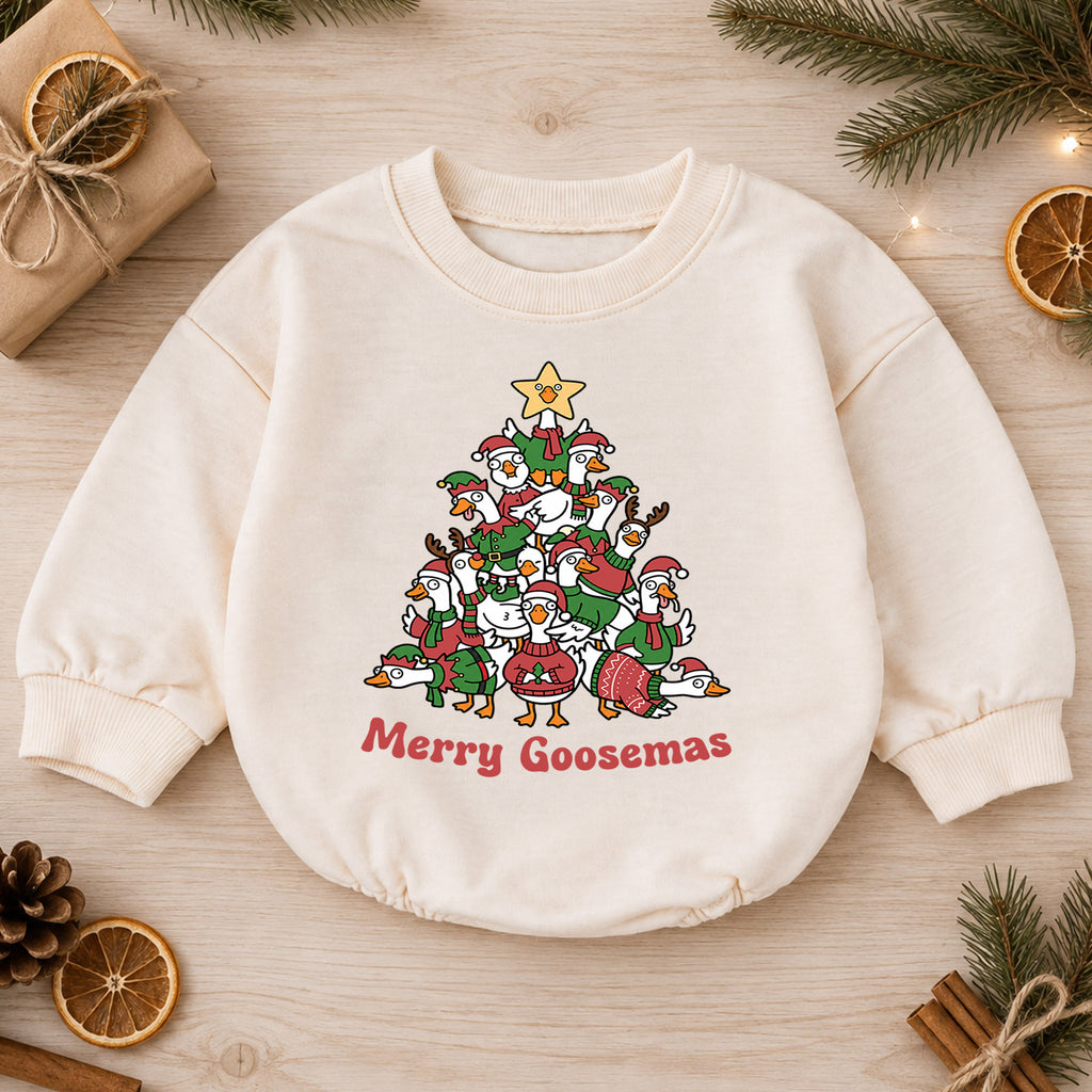 Merry Goosemas Baby Romper, Christmas Goose Tree Outfit, Funny Holiday Romper, Festive Toddler Goose Lover Baby Xmas Gift — product view 1