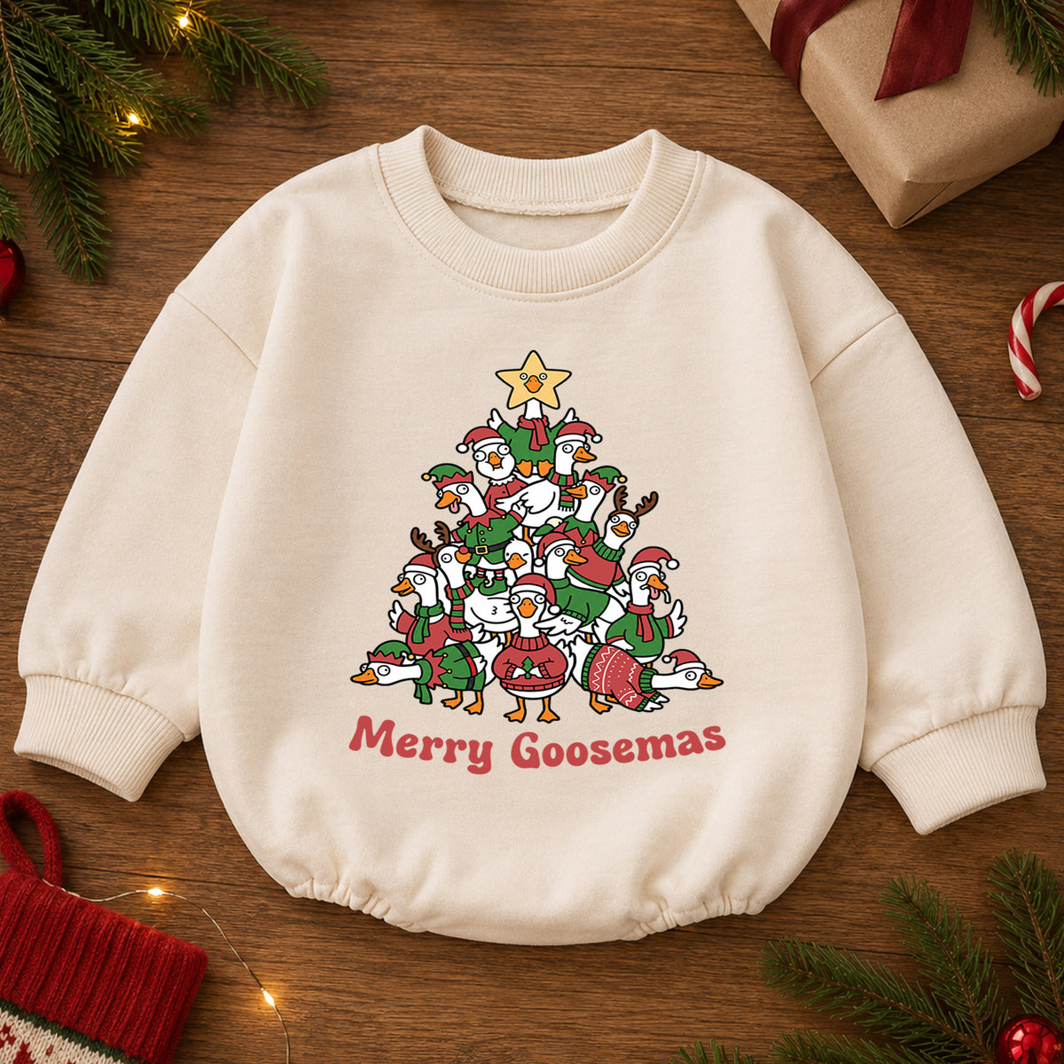 Merry Goosemas Baby Romper, Christmas Goose Tree Outfit, Funny Holiday Romper, Festive Toddler Goose Lover Baby Xmas Gift — product view 2