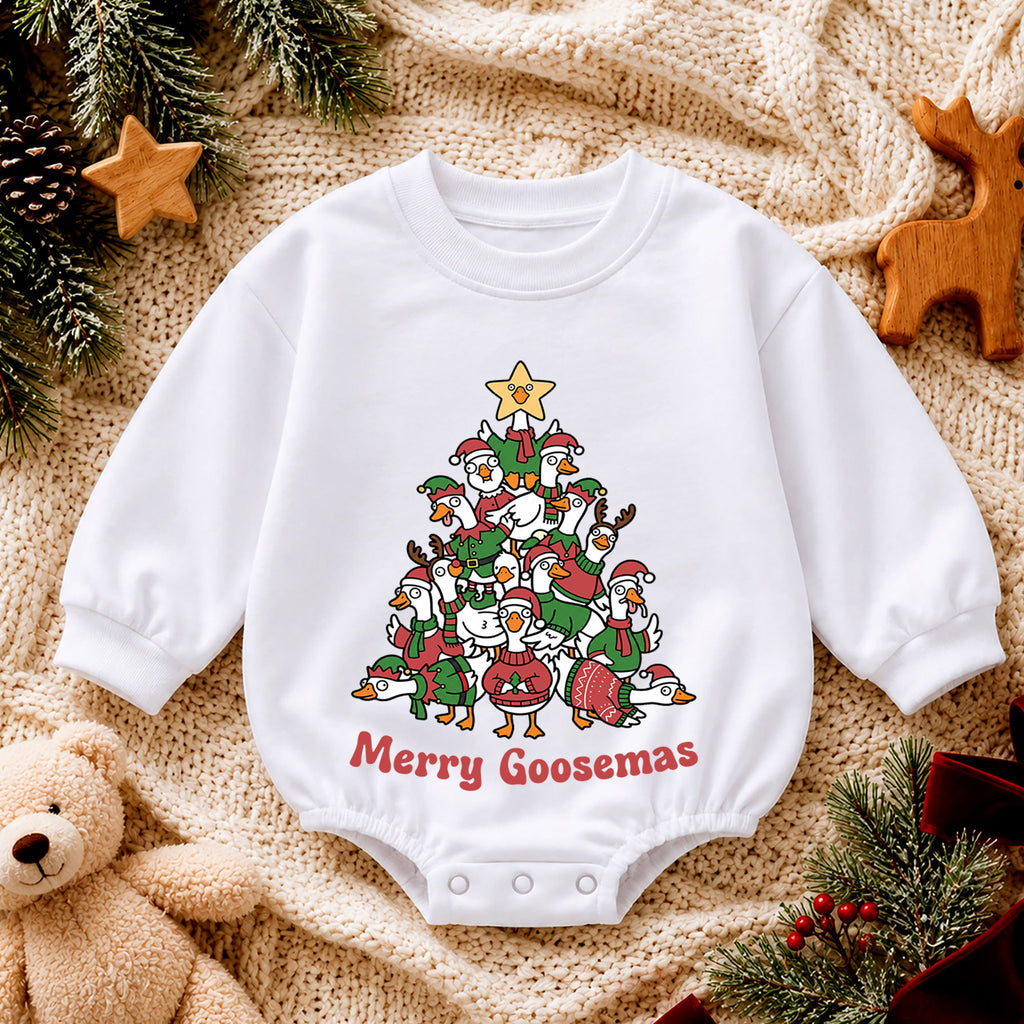 Merry Goosemas Baby Romper, Christmas Goose Tree Outfit, Funny Holiday Romper, Festive Toddler Goose Lover Baby Xmas Gift — product view 4